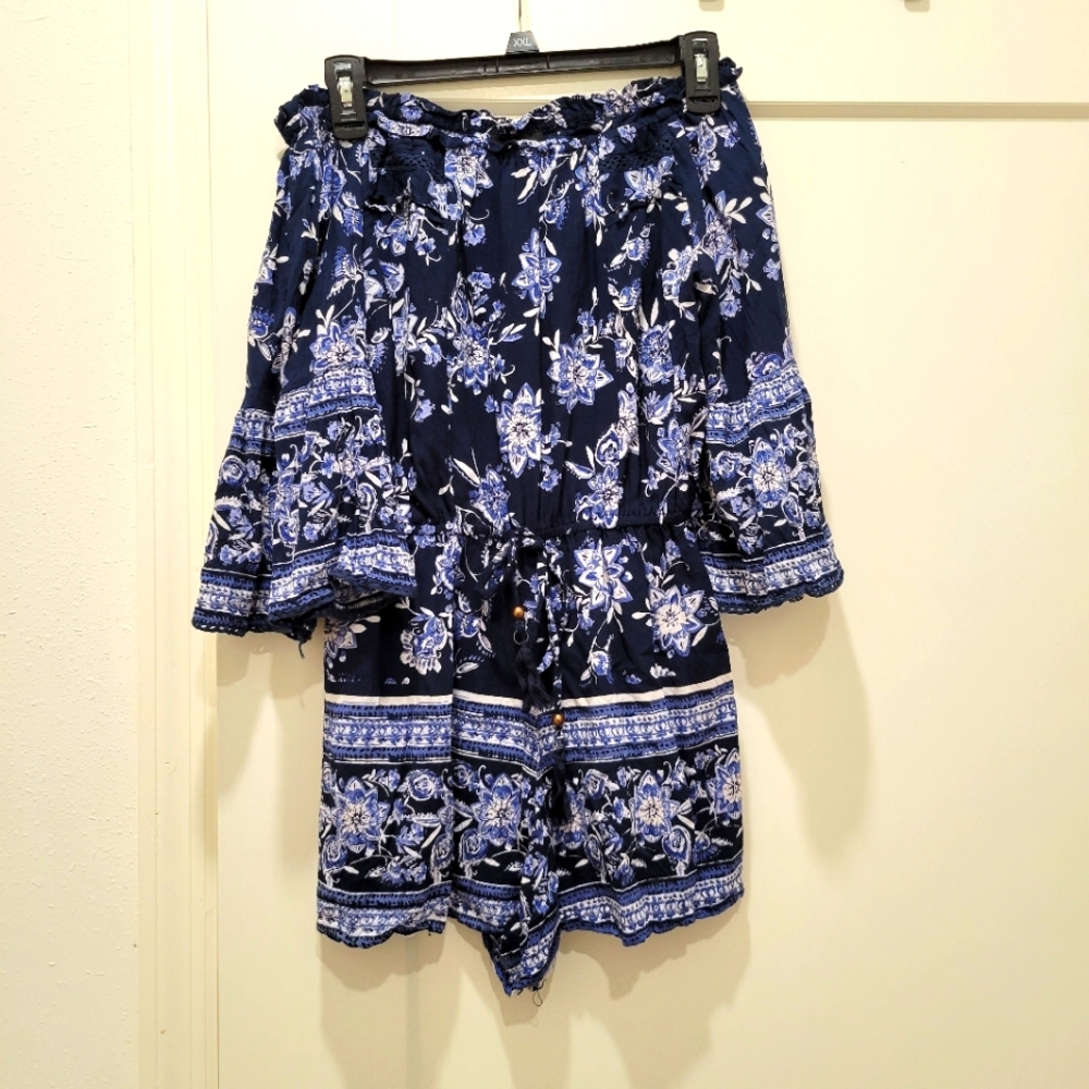 Small Angie Off-the-shoulder Blue Patterned Romper